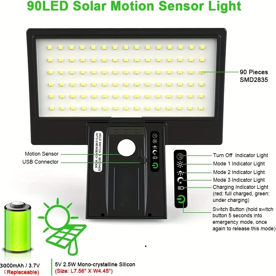Lumières solaires extérieures capteur de mouvement avec contrôle d'inondation de sécurité lumière étanche 4 Modes 90 LED appliques murales pour porche cour jardin