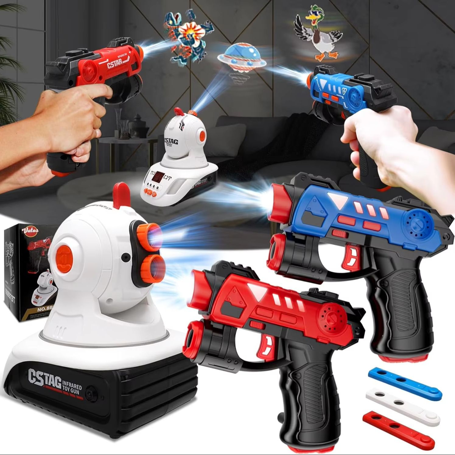 VATOS-proyector de etiquetas láser infrarrojo, juego de disparos, 2 jugadores, Mini juego de etiquetas láser, pistolas de juguete, juego de interior para niños y niñas, regalo
