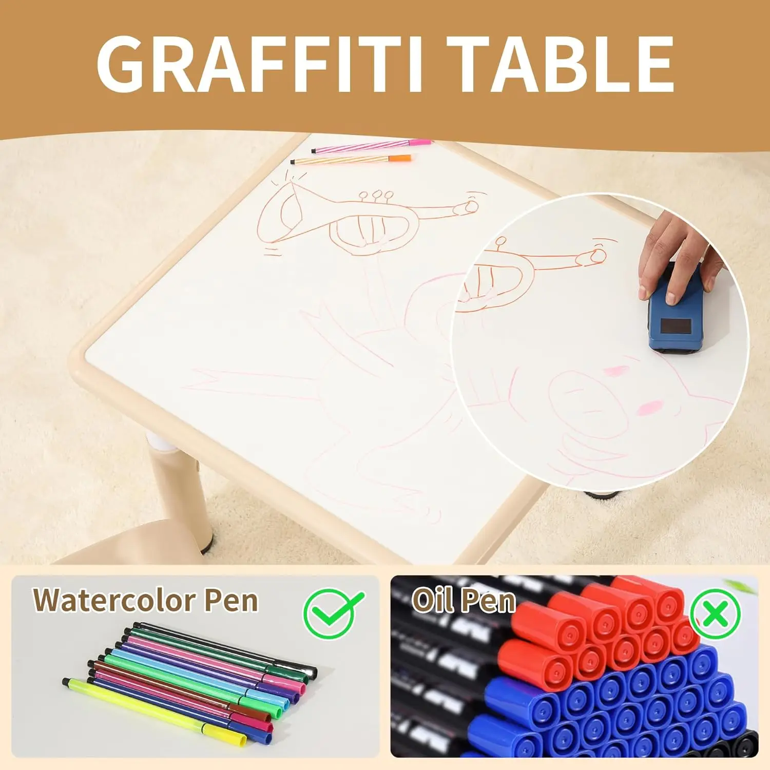 Kids Table and 2 Chairs Set,Height Adjustable Toddler Table and Chairs with Anti-slip Foot Covers,Graffiti Desk for classroom