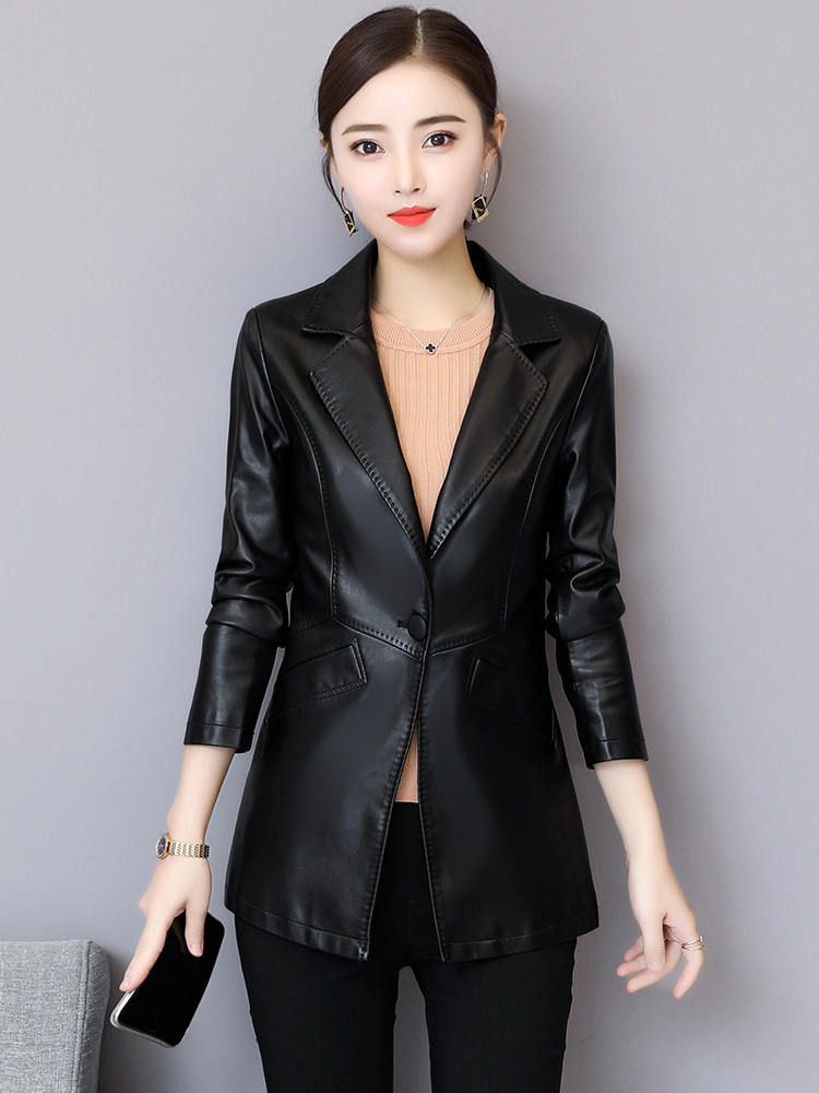 New Women Leather Jacket Autumn Winter Fashion Classic Single Button Slim Sheep Leather Blazer Spring Outerwear Size M-5XL
