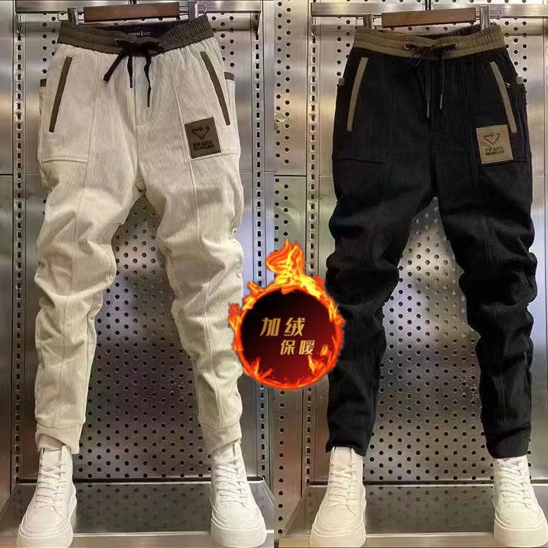 Calças de veludo de veludo masculino, calça harém, elástico slim fit, perna cônico, calça de lã quente, moda casual, outono e inverno