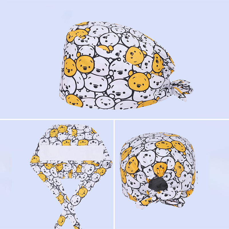 Cute Bear Print Surgical Caps Women Medical Hat Hospital Nurse Doctor Headwear Dental Clinic Nursing Hats for Long Hair M911