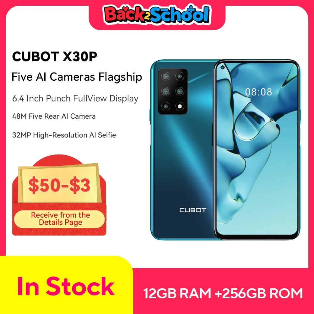 Cubot X30P, สมาร์ทโฟน Android 13, 48MP ห้ากล้อง, RAM 16GB, ROM 256GB, NFC, หน้าจอเจาะรู FHD + ขนาด 6.4 นิ้ว, 4200mAh, โทรศัพท์ 4G