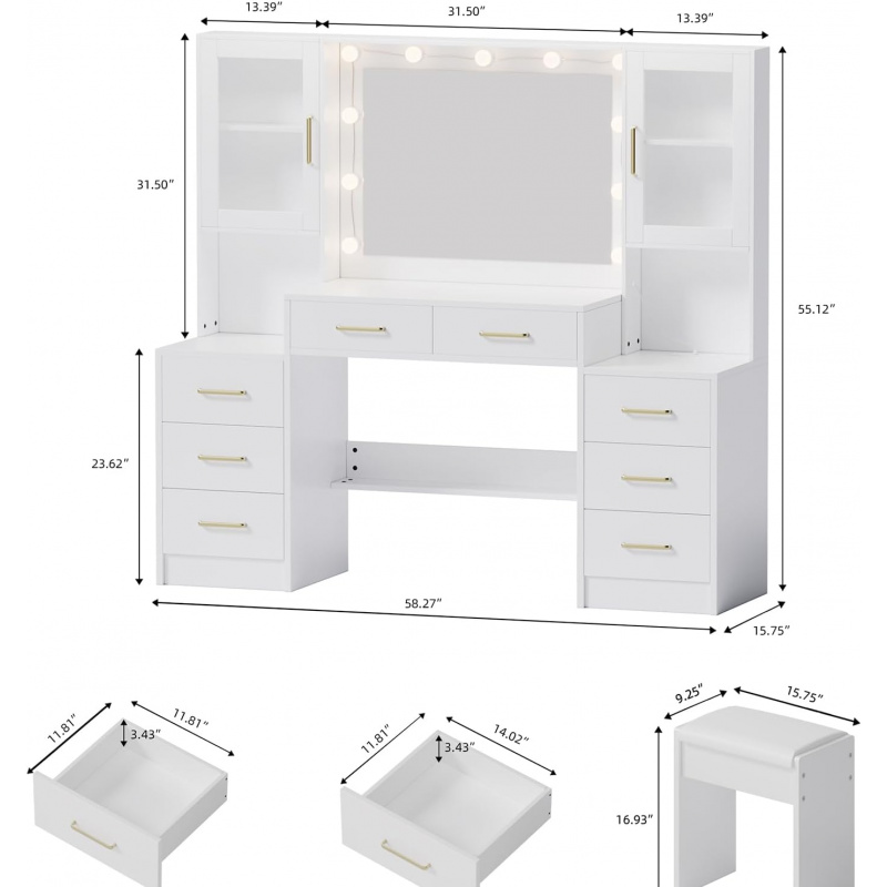 58.3" Large Desk Mirror &; ,Makeup Vanity with 10 LED Lights,8 Metal Sliding Drawers & 2 Cabinets,White