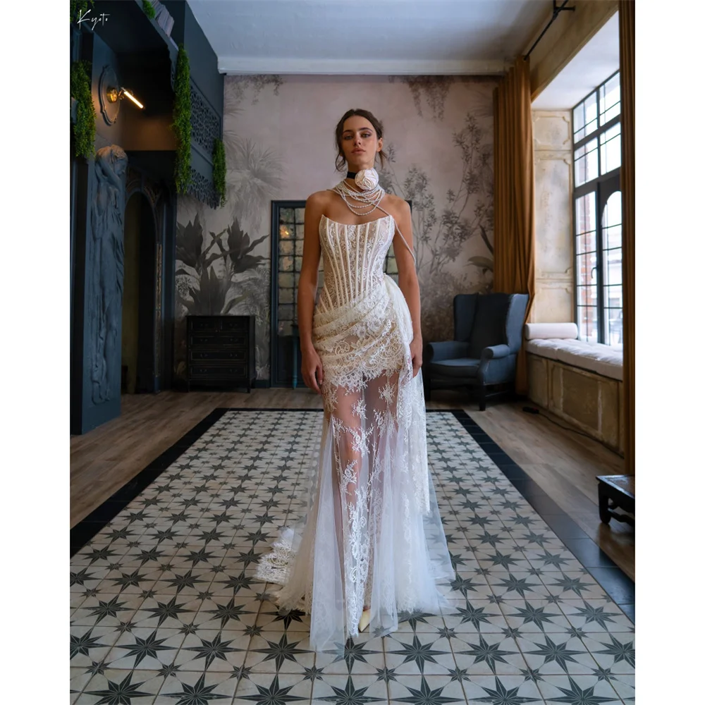 เกียวโตที่กําหนดเองGorgeousลูกไม้Appliques Sheathชุดแต่งงานปิดไหล่Vestidos De Noviaที่ถอดออกได้รถไฟและแขนอย่างเป็นทางการ