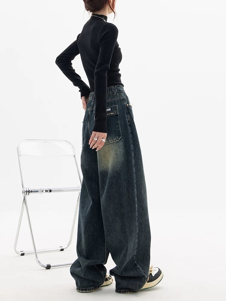 เกาหลีแฟชั่นY2k Retroขากว้างเอวสูงตรงStreetwearสไตล์กางเกงยีนส์สีฟ้ากางเกงสตรีBaggy DenimกางเกงLadyเสื้อผ้า
