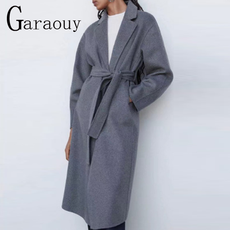 Garaouy Otoño Invierno mujer solapa básica cinturón sólido abrigo de lana mujer Casual prendas de vestir para ir al trabajo chaqueta suelta de longitud media abrigo