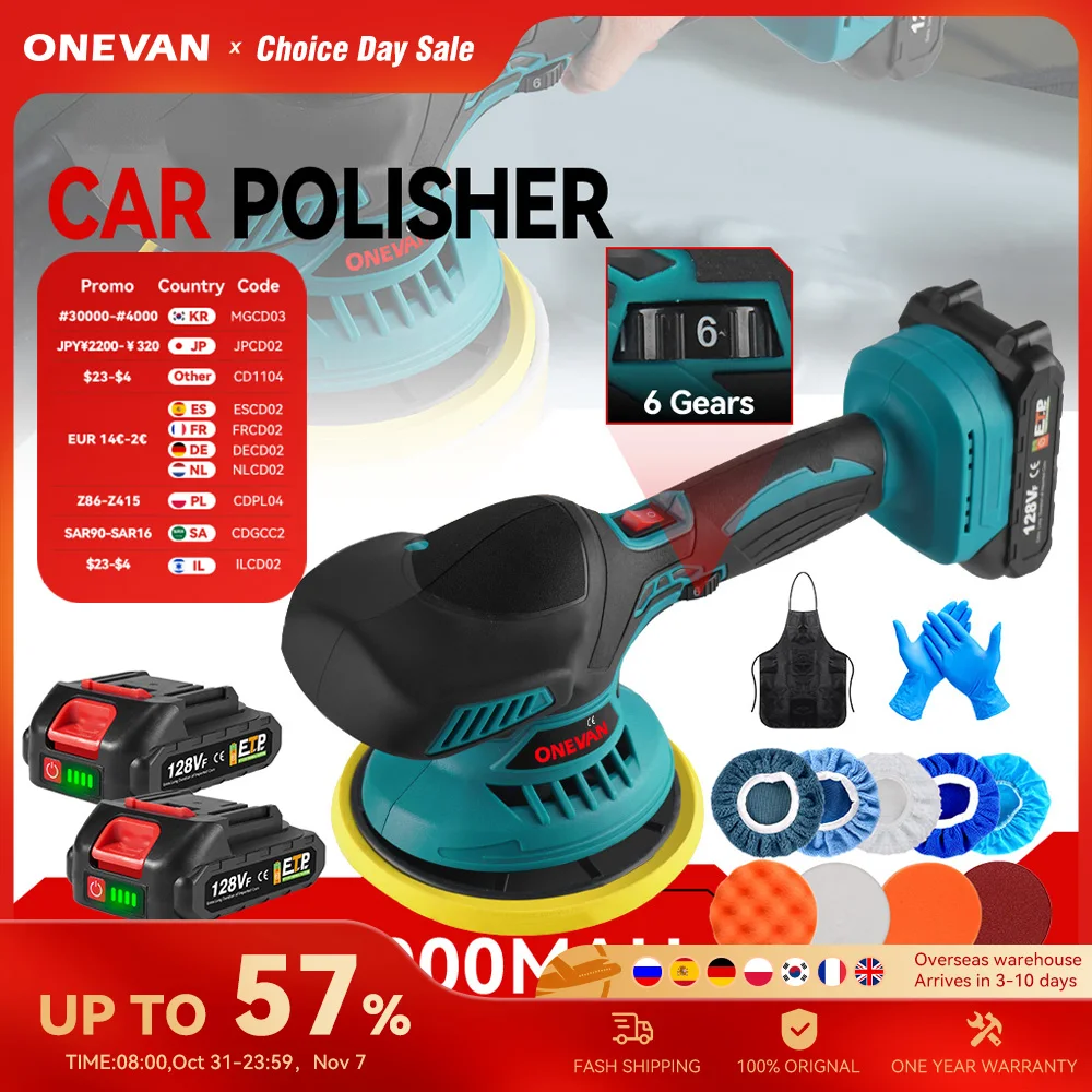 ONEVAN Cordless Car Polisher 6 Gear Electric Polisher 7000RPM Auto Car Waxing Polishing Machine For Makita 18v Battery Pin