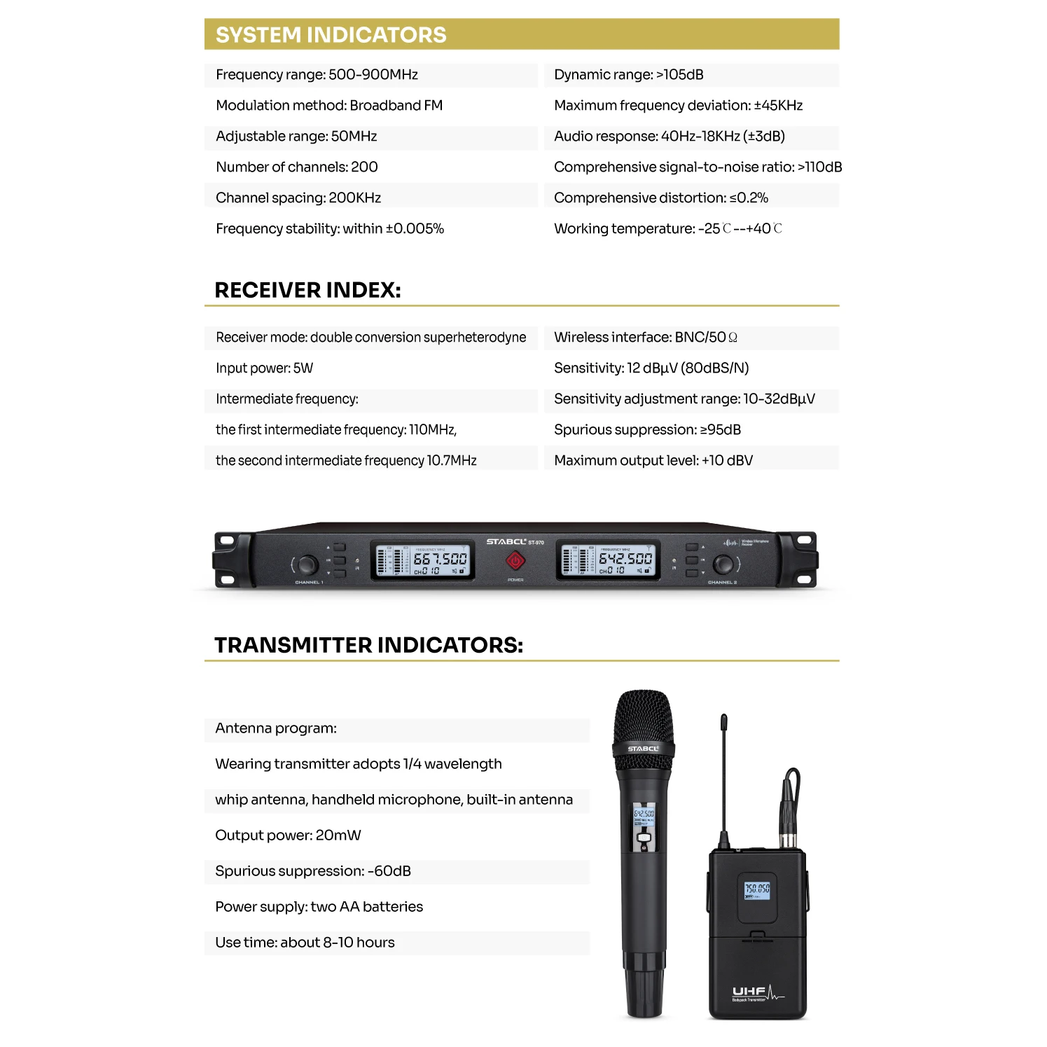 Microfone portátil sem fio de 2 canais STABCL para microfones de gênero de performance de palco de karaokê