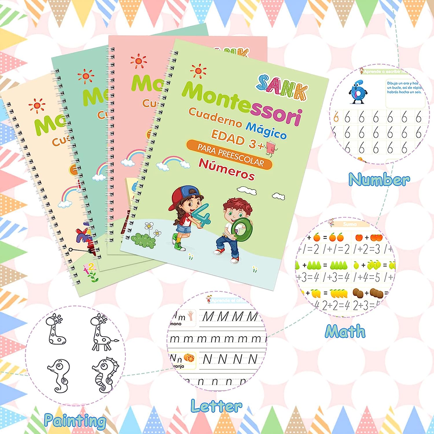 Libro de escritura mágico Montessori para niños, cuaderno de dibujo en español, aprendizaje de pintura china, 4 libros
