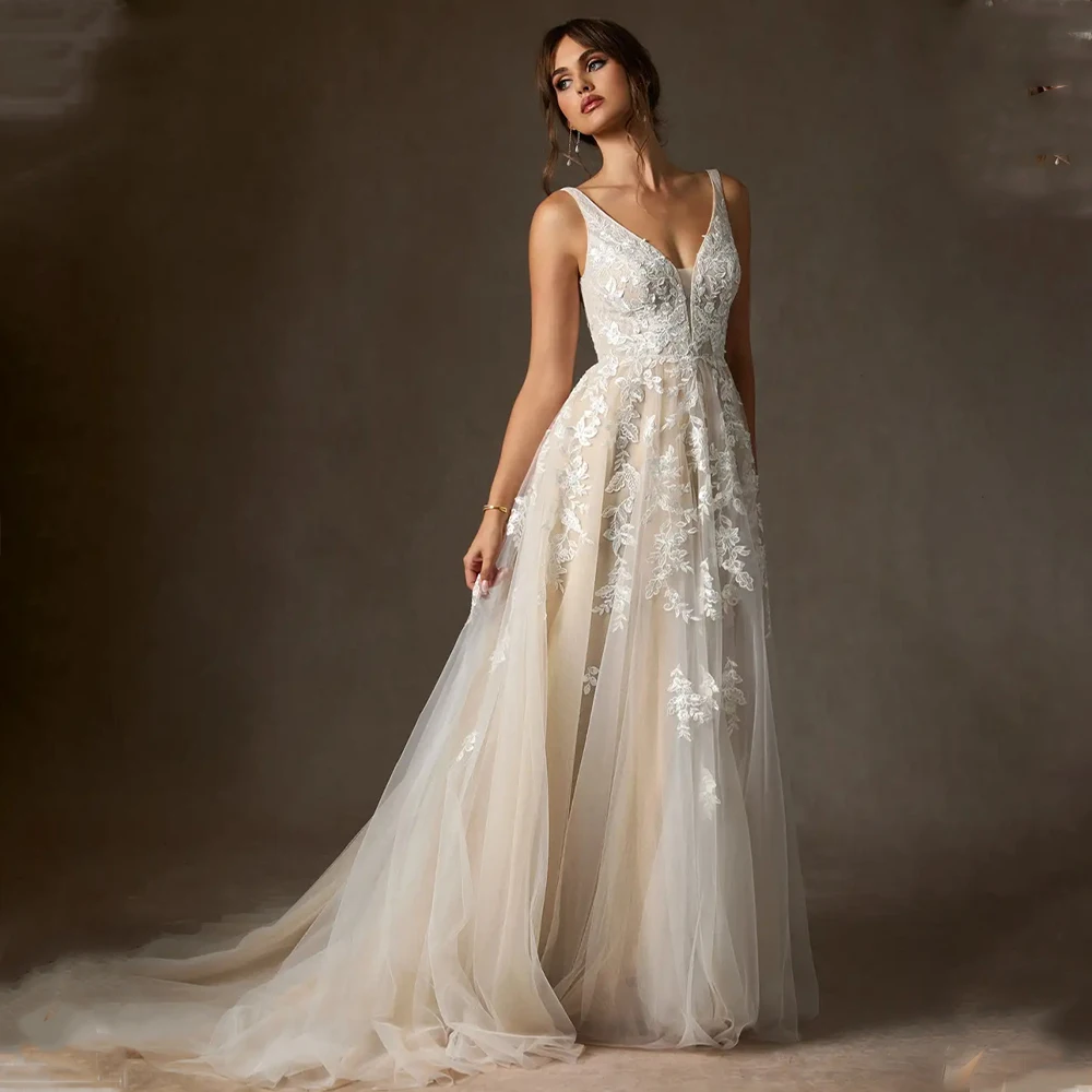 Popular decote em v renda applique brial grwon uma linha vestidos de casamento trem varredura feito sob encomenda 2026 vestido de noiva