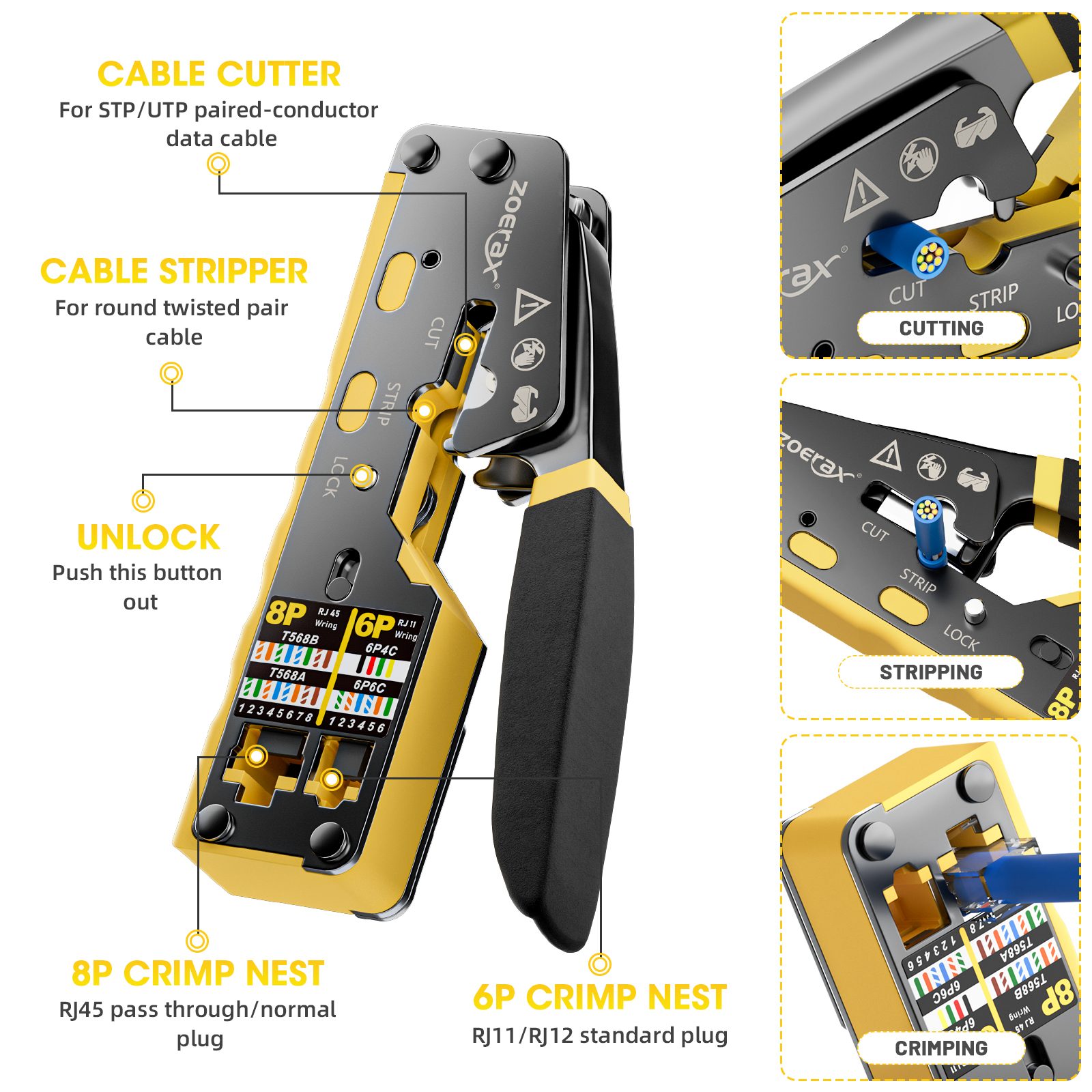 ZoeRax-Outil de sertissage Ethernet avec lame de rechange, outil de sertissage pour connecteurs Cat6 Cat5 Catinspectés RJ45