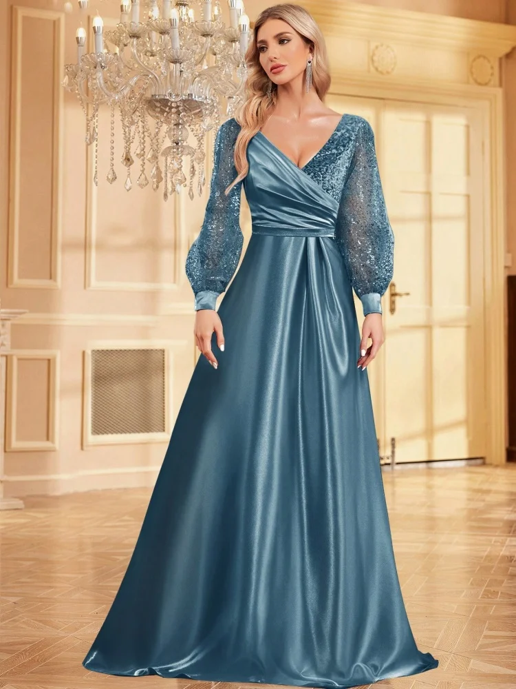 Luxo azul com decote em v lantejoulas vestido de noite 2025 elegante feminino festa maxi vestido de manga longa vestido de cocktail vestidos de formatura