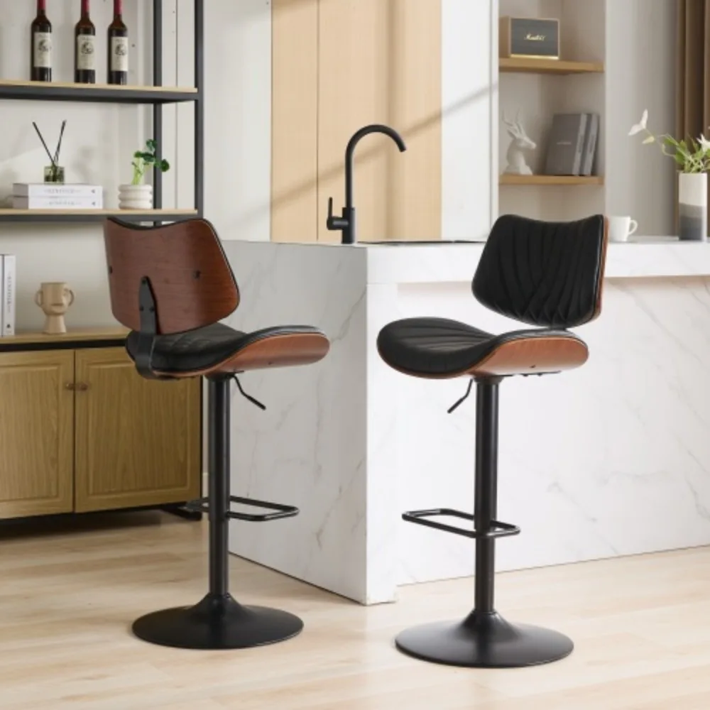 Walnut Bentwood Bar Stools Modern Adjustable Counter Height Black Leather Upholstered 360°Swivel Bar Chairs, Bar Stools set of 2