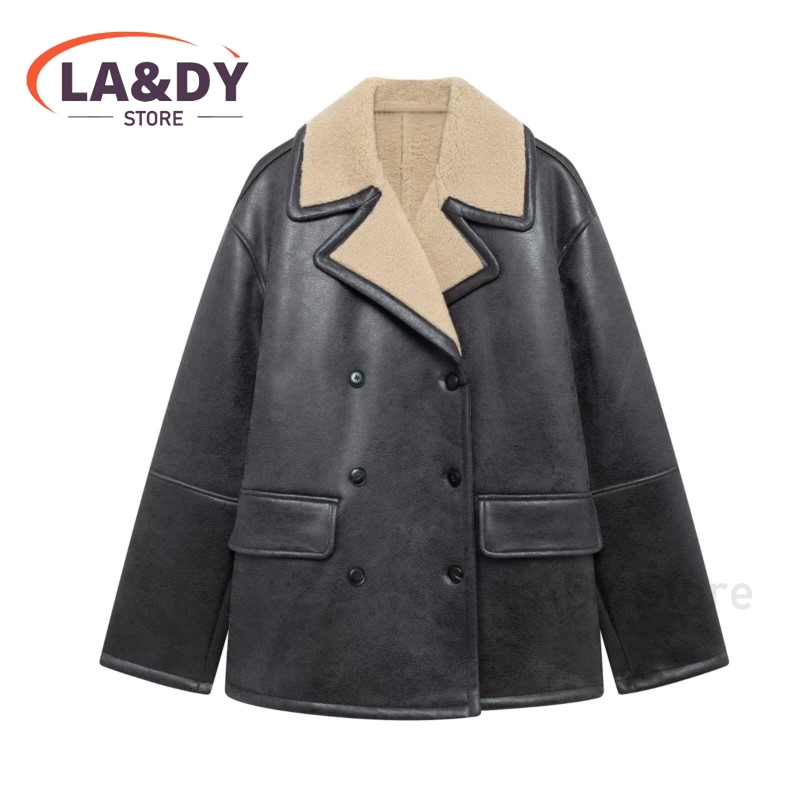 Jaqueta de couro falso casaco 2024 outono inverno moda feminina solta duplo breasted feminino casual mangas compridas casacos quentes topos
