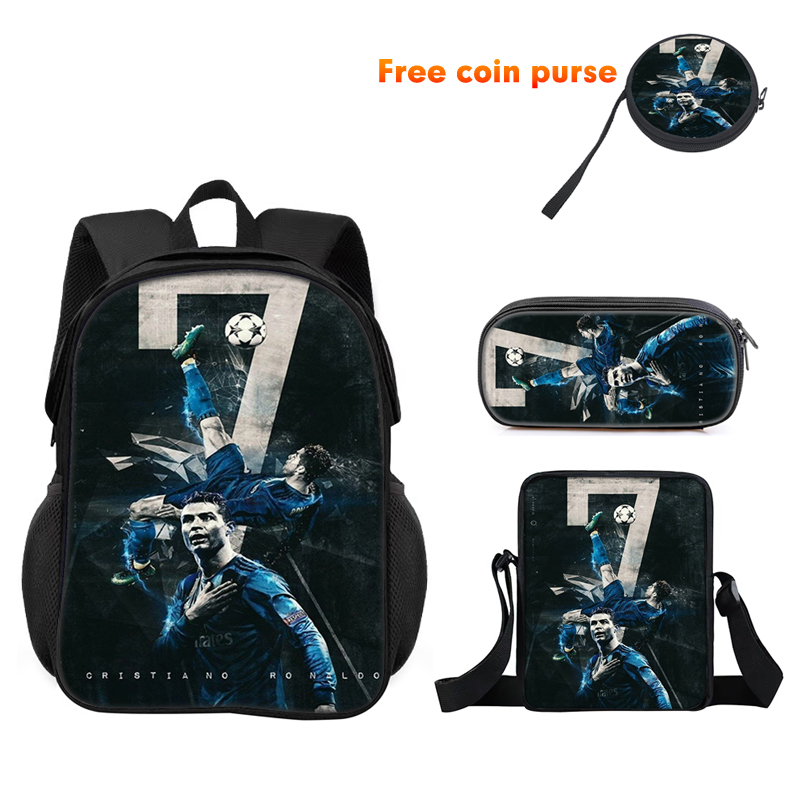 Ronaldo 3Pcs 세트 학교 배낭, 스포츠 어깨 가방, 연필 가방 CR 배낭, 소년 소녀를위한 축구 스타 만화 학교 가방