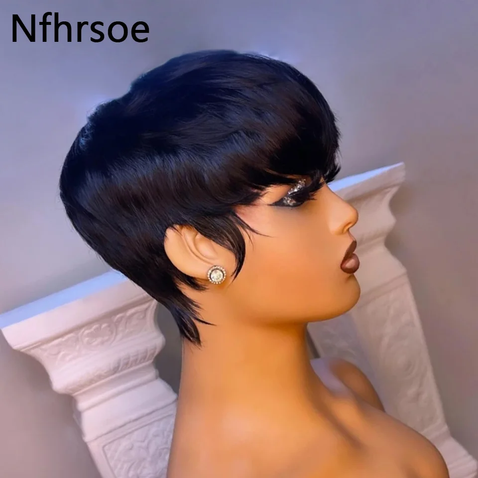 Pixie corte peruca de cabelo humano curto em linha reta bob perucas para preto com franja cabelo virgem brasileiro não laço frente peruca barata preto
