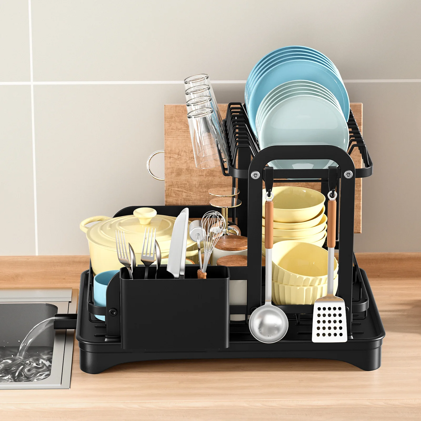 Organizzatore da cucina per scolapiatti a 2 livelli, scolapiatti, con cestello di scarico, ripiano per stoviglie, scolapiatti