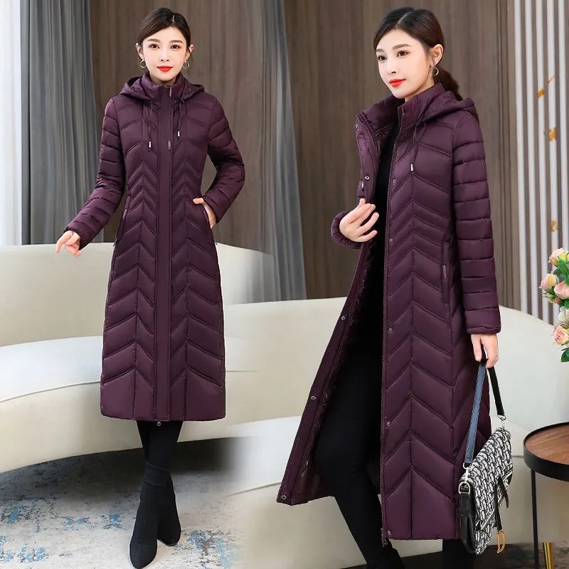 Chaqueta larga de algodón para mamá, abrigo ajustado con capucha a la moda para invierno, abrigo Parker cálido para mujer, chaquetas informales sólidas para mujer 2025