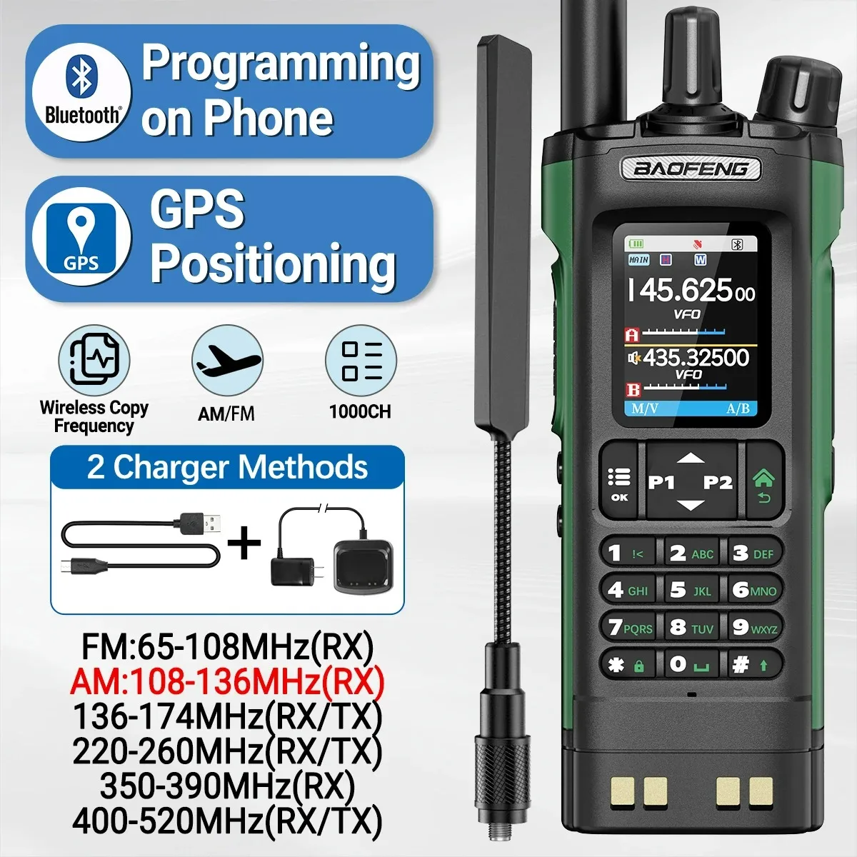 BAOFENG UV-32 GPS Walkie Talkie 10W Multi banda Bluetooth programación frecuencia de copia inalámbrica NOAA Radio bidireccional Ham de largo alcance