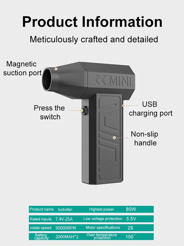 X3-A 130000 RPM Mini Turbo Jet Fan Hochgeschwindigkeits-Staubgebläsemotor 2000 mAh 41 m/s Wind Handheld Violent Fan Elektrischer Luftstaubsauger