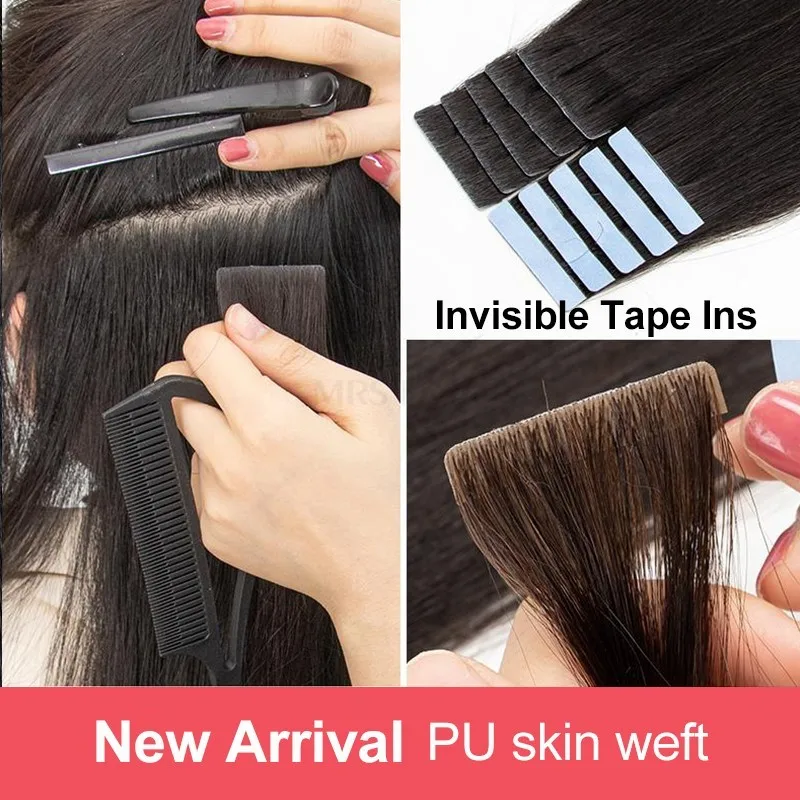 Unsichtbare Tape-In-Extensions, Echthaar, nahtlos, Pu-Hautschuss, eingespritzte Haarverlängerungen, handgebundene Klebstoffe, Tape-Ins, 10 Stück/Packung