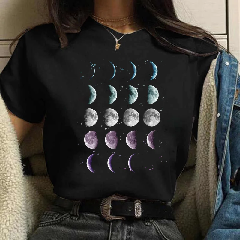 เสื้อยืดพิมพ์ลายดวงจันทร์สไตล์ฮาราจูกุสำหรับเด็กผู้หญิงเสื้อสีดำแฟชั่นใหม่เสื้อยืดลำลองสำหรับผู้หญิงเสื้อผ้า Y2k น่ารัก