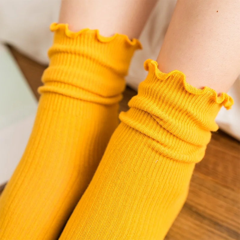 Calcetines apilables de algodón para mujer, media pantorrilla, color sólido, ribete con volantes, estilo vintage, calcetines casuales para todas las estaciones, EU 35-40 (1 3 5 pares)