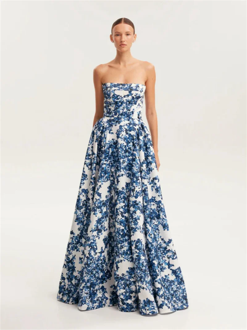 Vestidos de fiesta de graduación azules con estampado elegante para mujer, vestidos de noche sexis sin tirantes hasta el suelo, vestido de cóctel drapeado de corte A