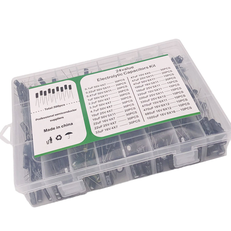 500PCS Electrolytic Capacitor Mixed DIP Electrolyte Capacitors 10V 16V 25V 50V Electronic Kit 0.1uF-1000uf 24Values elektronika