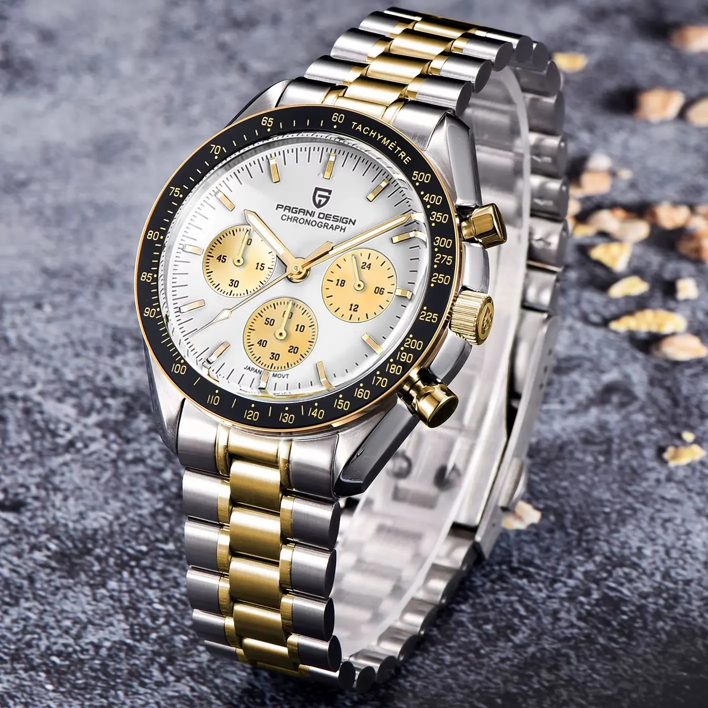 PAGANI DESIGN, relojes de luna dorada y plateada, nuevo reloj de cuarzo de lujo para hombre, cronógrafo con fecha automática, reloj de pulsera de cristal de zafiro AR para hombre