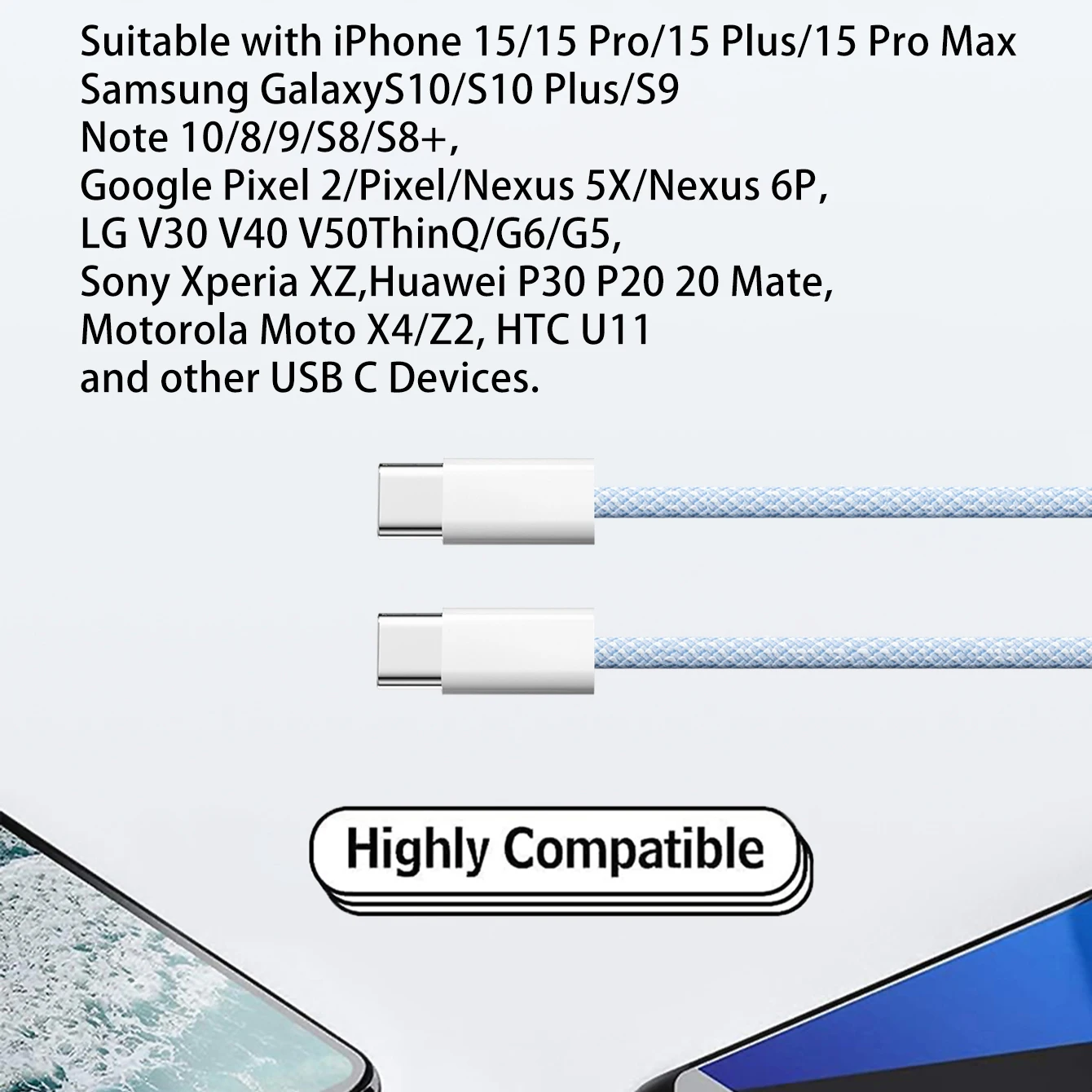 USB-C ถึงประเภท C สีสําหรับ PD 60W Apple iPhone 15 Fast CHARGING สําหรับ Samsung Huawei Xiaomi ประเภท C ทอผ้าสายอุปกรณ์เสริม