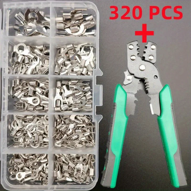 Combinazione di pinze multifunzionali 4 in 1 da 320 pezzi, terminali a crimpare con naso in rame, terminali nudi pressati a freddo in ottone stagnato OT/UT