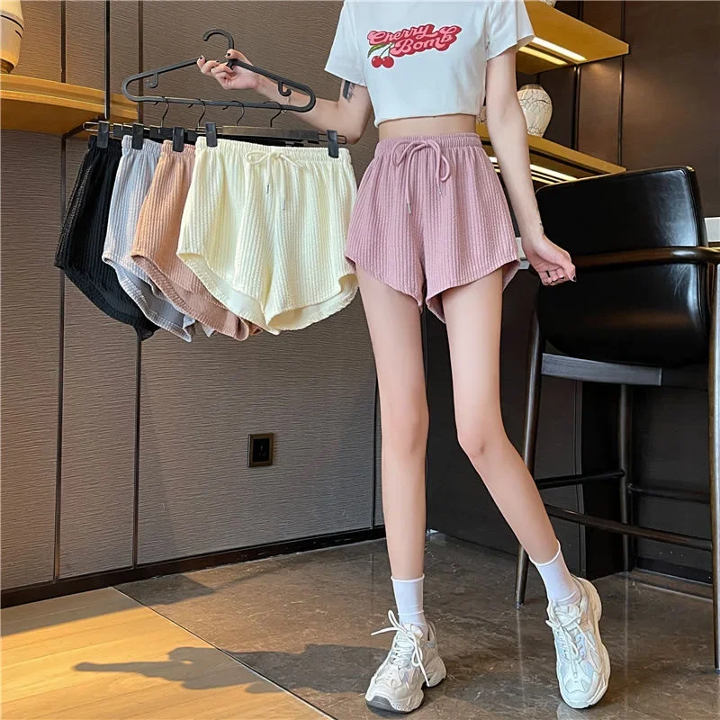 높은 탄성 여성 반바지 여름 Drawstring 반바지 넓은 다리 짧은 피트니스 러닝 반바지 루즈 캐주얼 플러스 사이즈 스포츠 바지