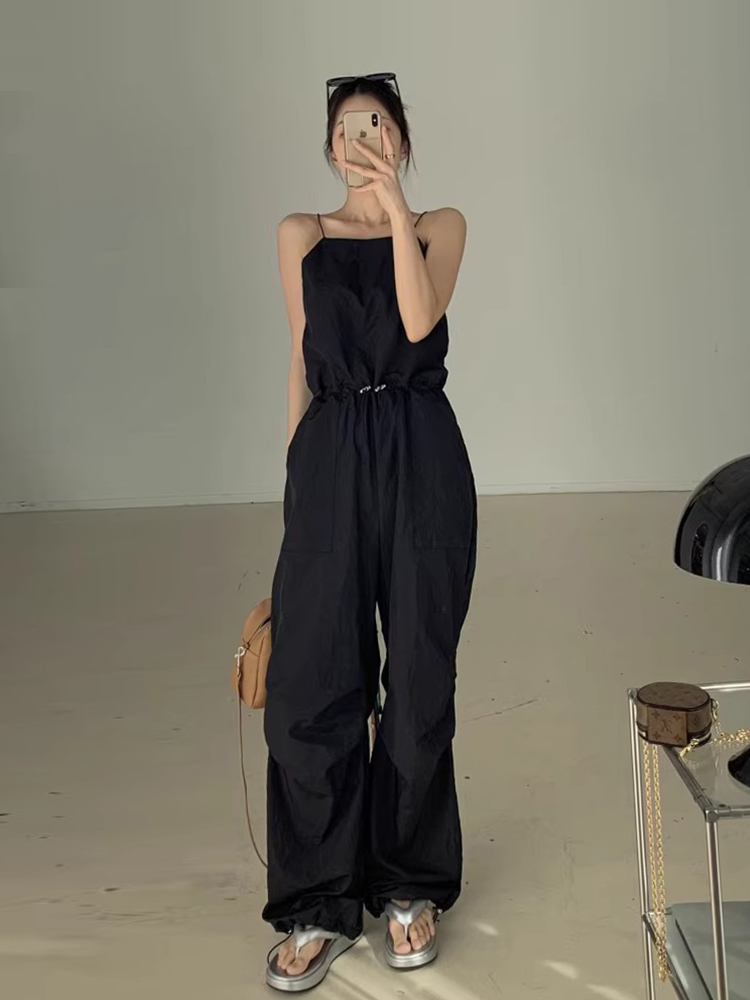 Chic Summer Sexy Backless Design Gathered Waist Slimming Strap One-Piece Pants Long Pants Women's Small Sexy Exposure Back