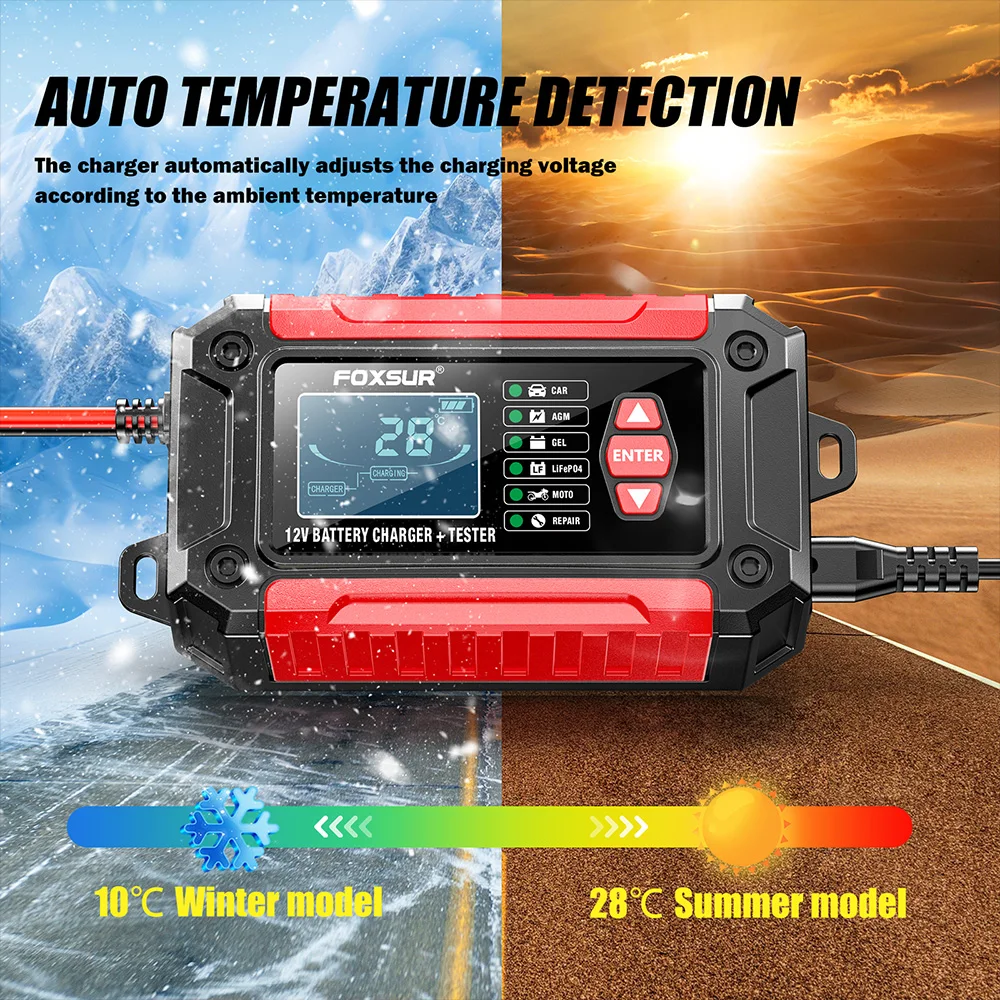 Nuevo sistema de cargador de batería de coche inteligente 2 en 1, analizador de batería de motocicleta y coche para baterías de litio LiFePo4 de GEL AGM de ácido de plomo
