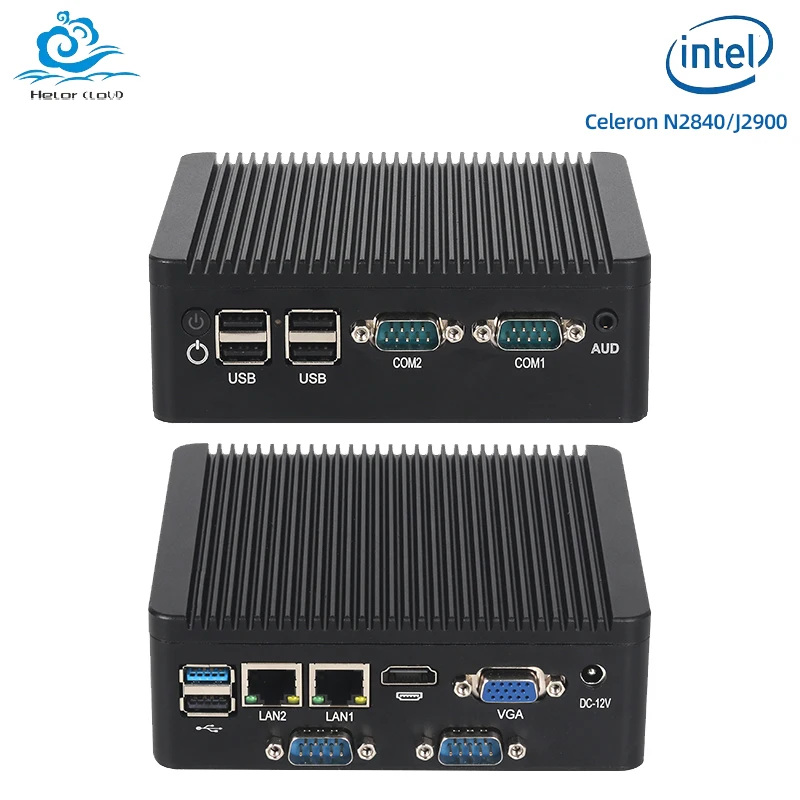 Lüfterloser Industrie-Mini-PC mit Inter N2840/J2900, unterstützt Windows10 LINUX mit 6xUSB 4xRS232/485 COM 2xLAN HDMI VGA-Computer