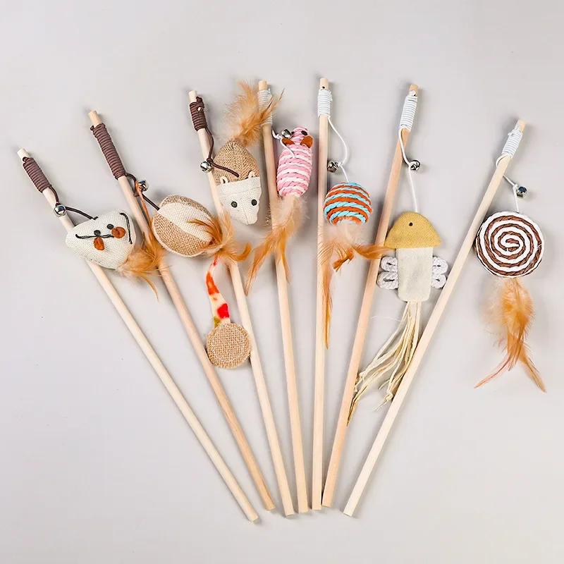 Jouets Teaser pour chat de 40cm, baguette en lin et plumes, attrape-chat, jouets interactifs, tige en bois, jouet souris avec Mini cloche
