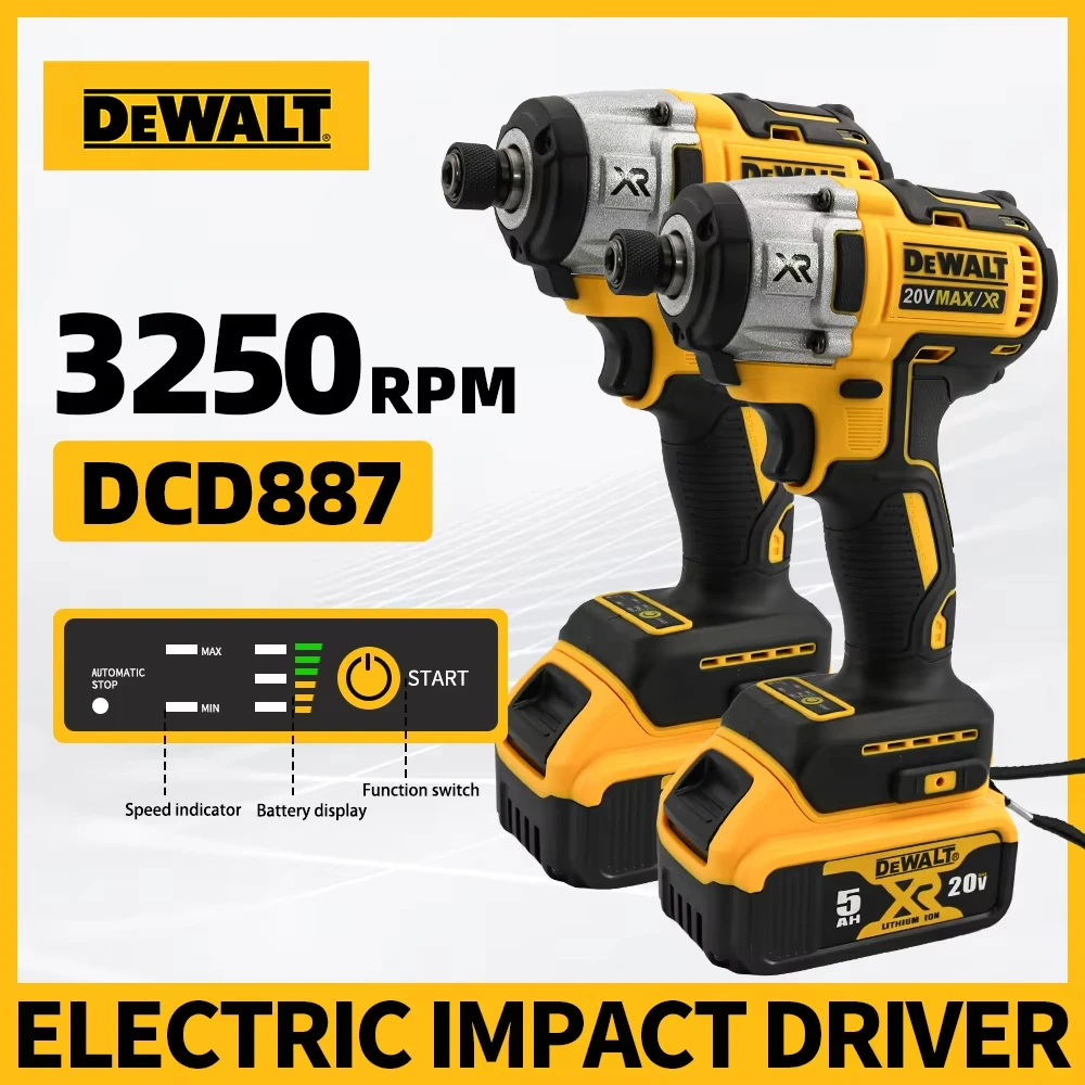 Dewalt-taladro de impacto eléctrico DCD887, motor sin escobillas de velocidad de 3250RPM, herramientas eléctricas 1/4, destornillador eléctrico para batería de 20V