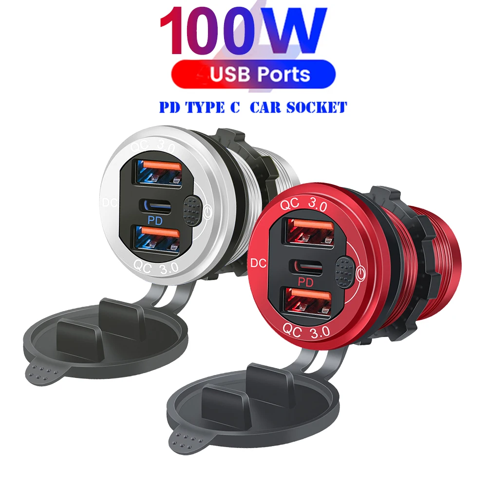 Cargador de coche múltiple USB tipo C de 12V/24V, puertos PD3.0 y QC3.0, resistente al agua con Interruptor táctil, adaptador de carga rápida para motocicleta y coche