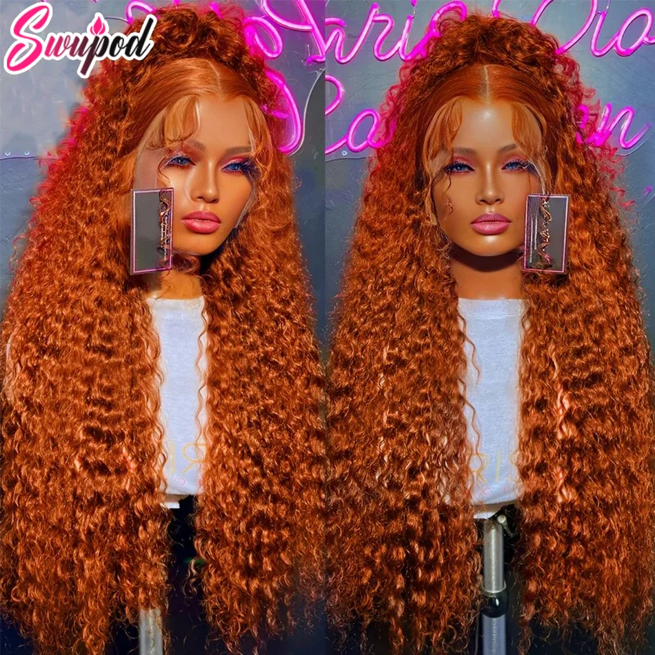 Swupod-Transparente HD Lace Front Wig para Mulheres, Onda Profunda, Remy Cabelo Humano, Ginger Cor Laranja, Glueless, 13x4, 13x6, 200 Densidade