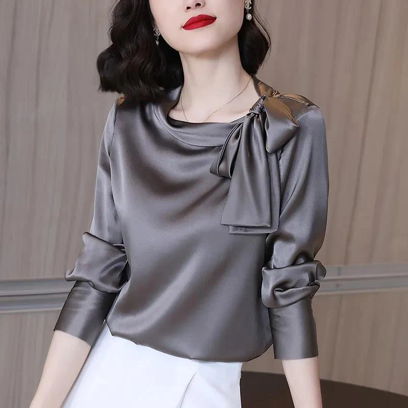 ฤดูร้อนฤดูใบไม้ร่วง Office Lady ซาติน Elegant แฟชั่นโบว์เสื้อผู้หญิงแขนยาว Bottoming Blusa All-Match เสื้อ