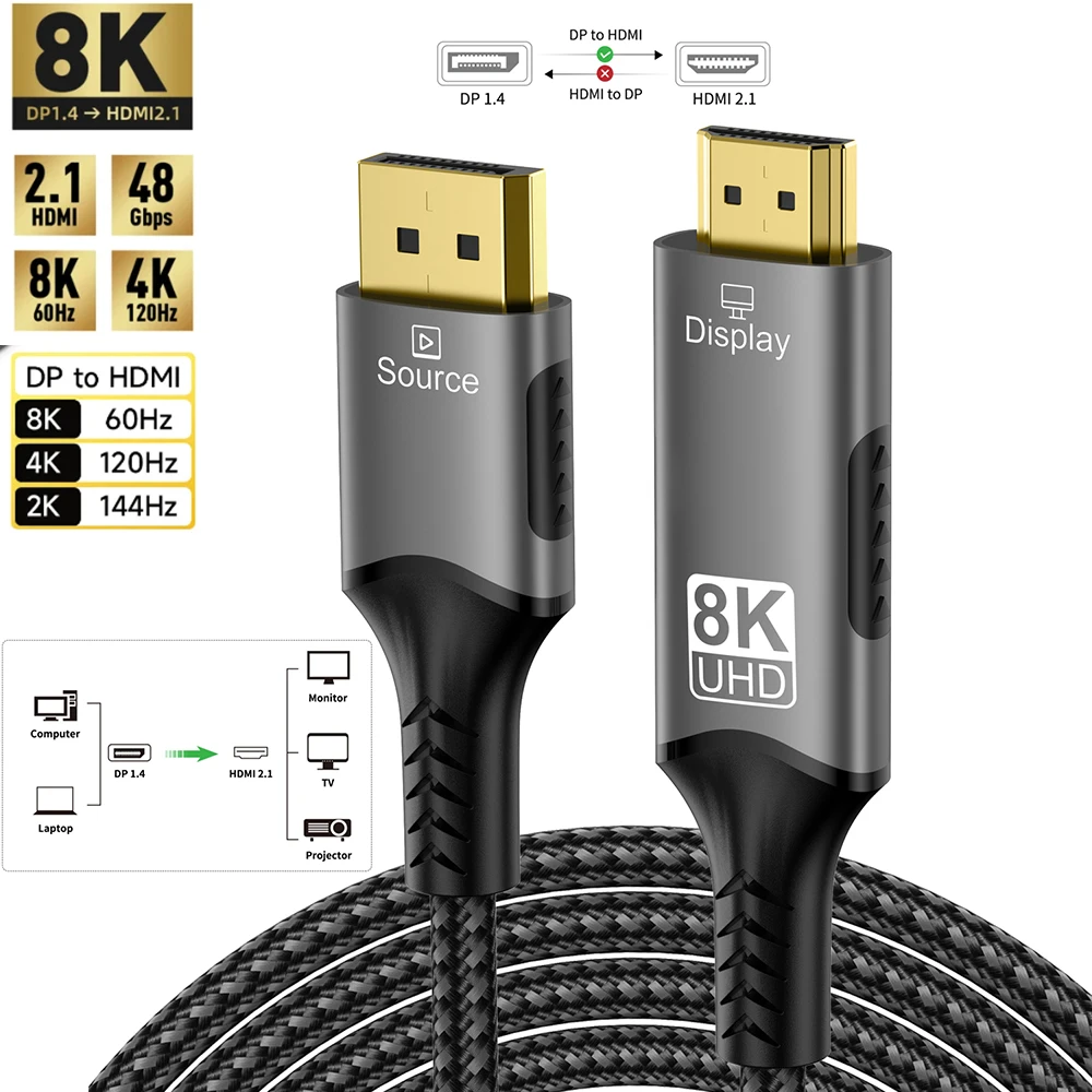 Cable Compatible con DisplayPort a HDMI de 8K, 8K @ 60Hz, 4k @ 120hz, adaptador DP a HDMI, puerto de visualización, Audio y vídeo para PC, proyector HDTV, Xbox
