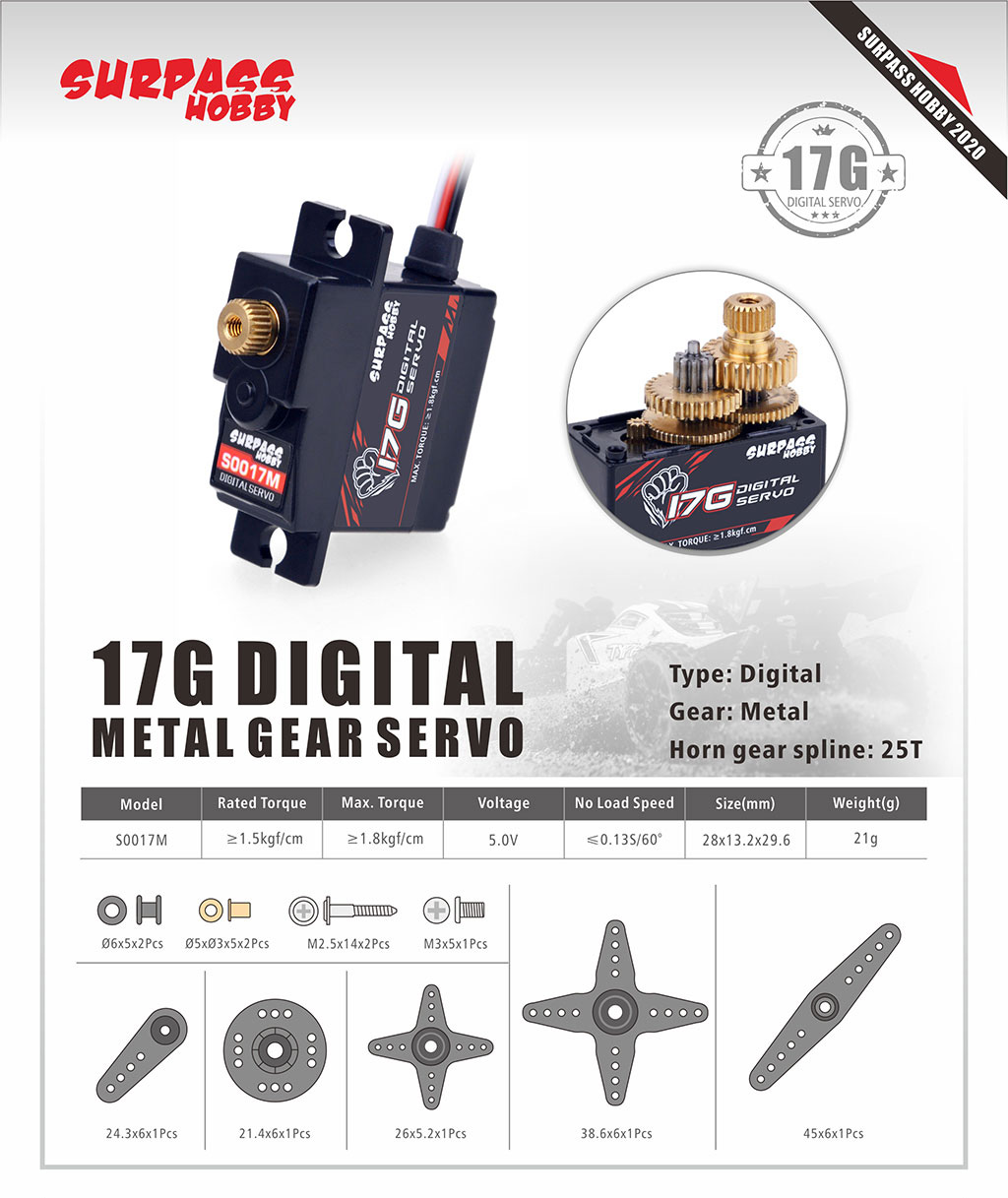 SURPASS HOBBY 17g RC รถ Mini Servo พลาสติกเกียร์โลหะ 4.8 V ~ 6 V DC มอเตอร์สําหรับเครื่องบินหุ่นยนต์เรือของเล่น Wltoys Part