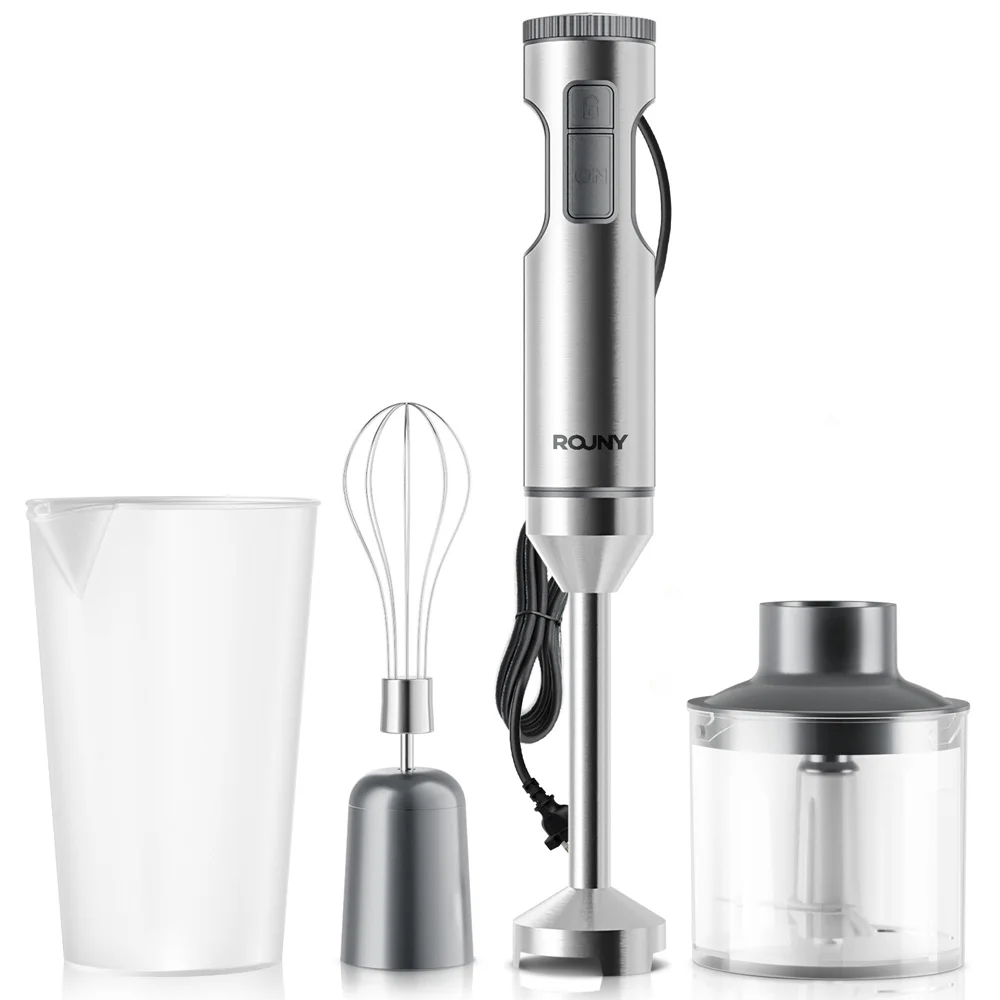 Blender ręczny 1000W, mocny 4-w-1, mikser do żywności ze stali nierdzewnej, kieliszek do mieszania 700 ml, robot kuchenny 500 ml, trzepaczka