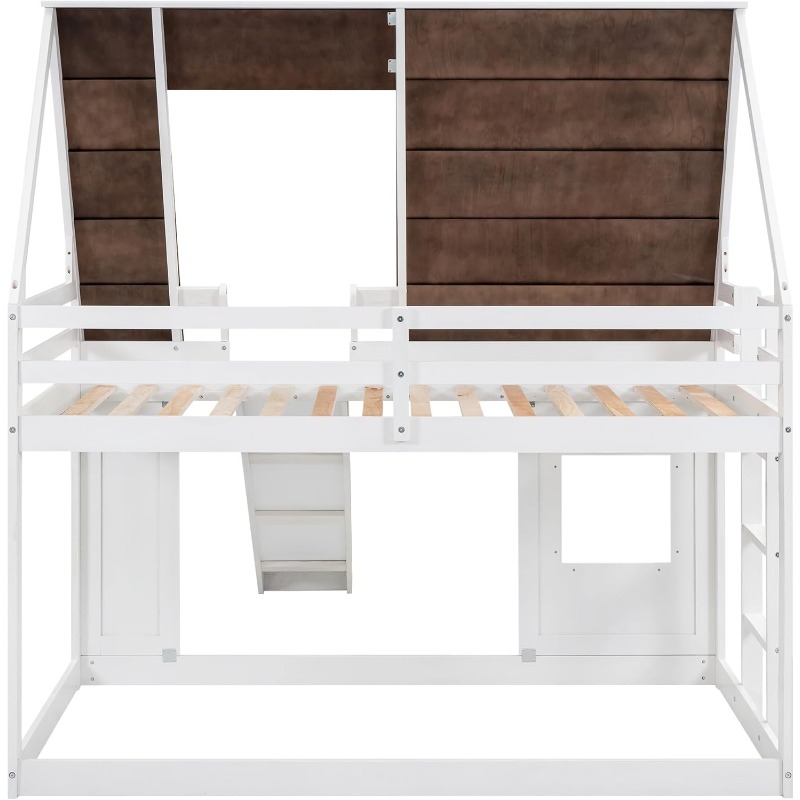 Merax Twin Over Twin House Bunk Bed Frame with Roof,Window,Ladder and Slide for Boys Girls, White & Brown