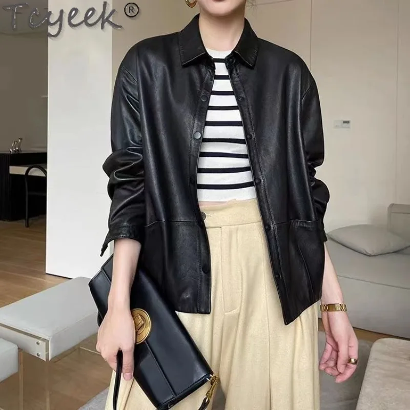 Tcyeek Echt lederjacke Frauen Herbst Echt Schaffell Mäntel Schwarz Ledermantel Damen bekleidung Loose Fit Jaqueta de Couro