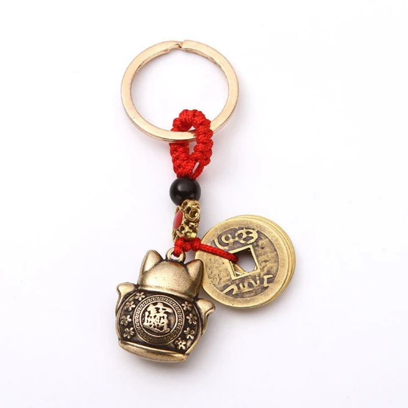 1PR vintage pure handmade lucky cat car kevchain lucky cat five emne mirrors money keychain feng shui coins solid lucky key ring