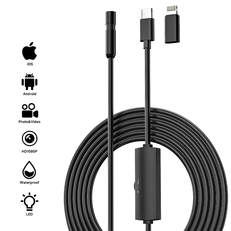 Endoscopio industriale HD1080P TYPE-C Telecamera cablata per IOS IPhone Ipad Telefoni Android LED Periscopio per ispezione tubi per auto impermeabile