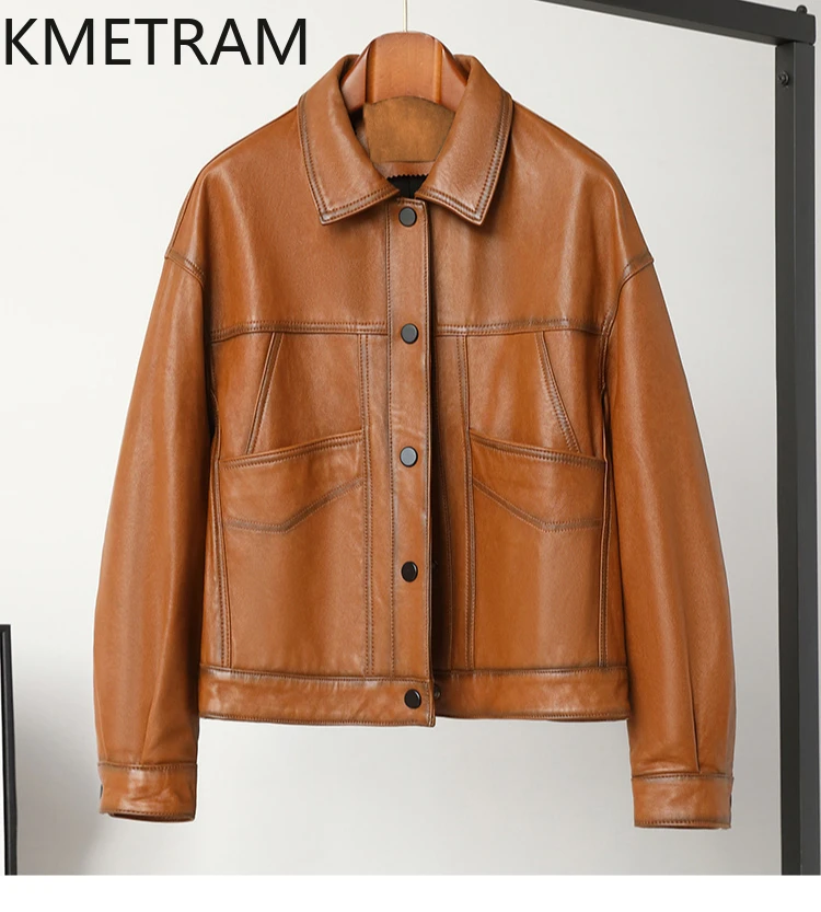 女性用本革ジャケット,シープスキン100%,ヴィンテージブラウンバイクアウター,秋冬服,2024, 2023